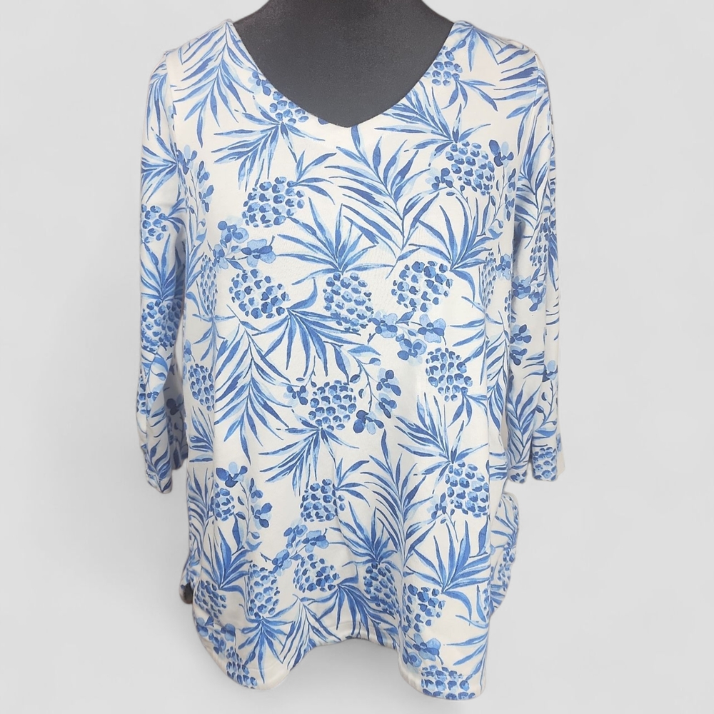 J. JILL | Petite White Blue Tropical Pineapple Coastal Floral Vacation Shirt | M